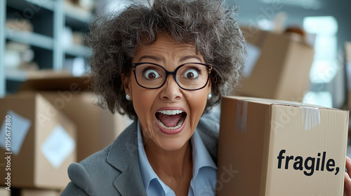 Businesswoman Struggling with Cardboard Boxes in Office Setting photo