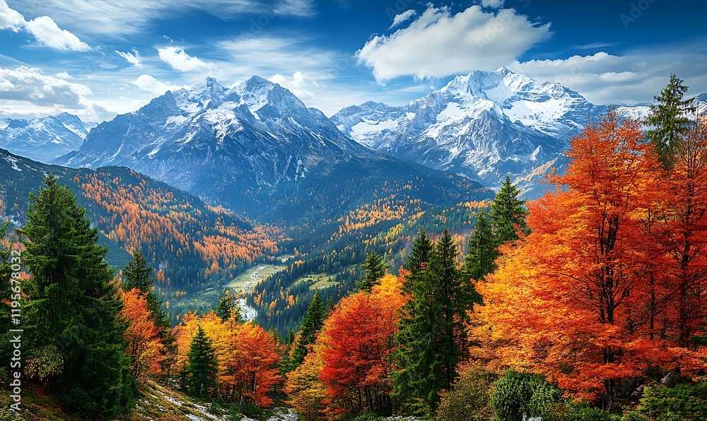A sweeping panorama of alpine mountains adorned with autumn colors A sweeping panorama of alpine mountains adorned with autumn colors