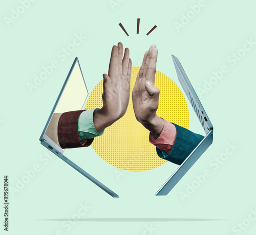 Two partners gave high fives. Art collage.