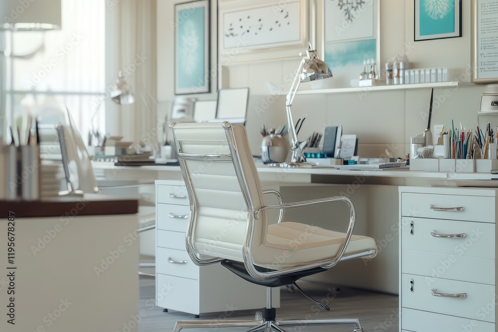 A clean and elegant office featuring comfortable office chairs, organized desks, and stylish accessories A clean and elegant office featuring comfortable office chairs, organized desks, and stylish accessories