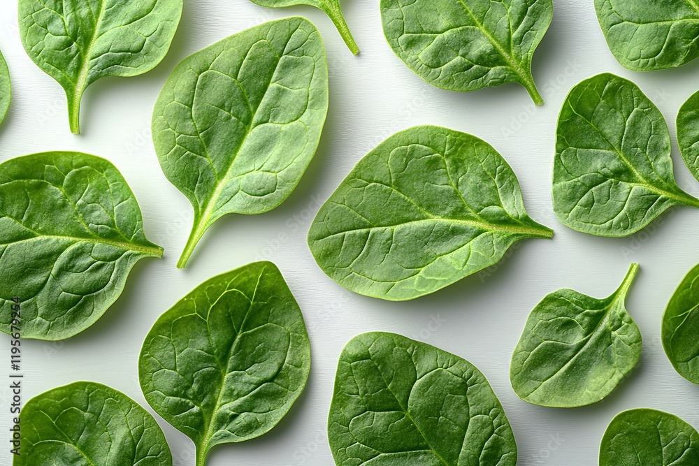 Obraz premium Fresh spinach leaves arranged on a light background, showcasing their texture and color.