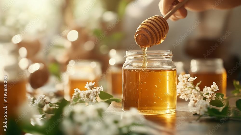 A beekeeper demonstrating the honey extraction process in a workshop, with freshly harvested honey being poured into jars A beekeeper demonstrating the honey extraction process in a workshop, with freshly harvested honey being poured into jars