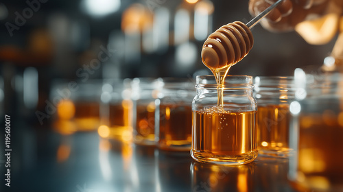 A beekeeper demonstrating the honey extraction process in a workshop, with freshly harvested honey being poured into jars photo