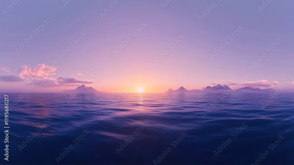 Vibrant Sunset Casting Soft Hues Over Tranquil Sea With Distant Islands on the Horizon Vibrant Sunset Casting Soft Hues Over Tranquil Sea With Distant Islands on the Horizon