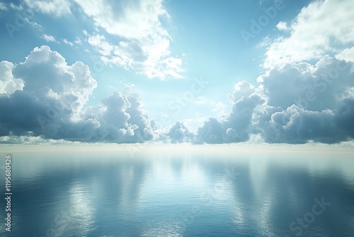 A serene seascape featuring calm waters and fluffy clouds under a bright blue sky.