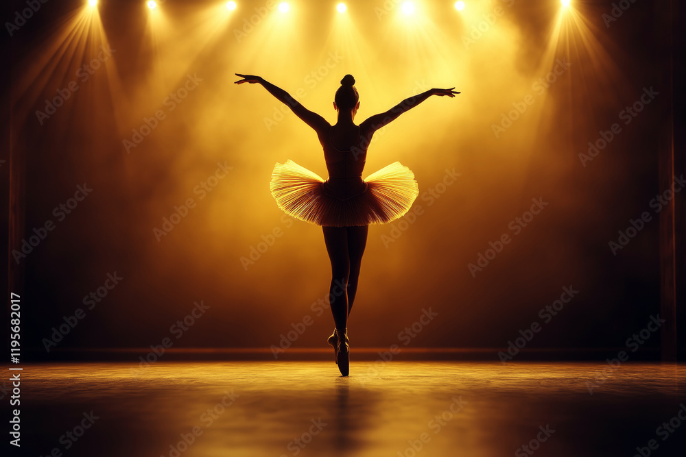 Graceful ballerina performing an elegant arabesque on a grand theater stage, warm spotlight illuminating her silhouette. Graceful ballerina performing an elegant arabesque on a grand theater stage, warm spotlight illuminating her silhouette.