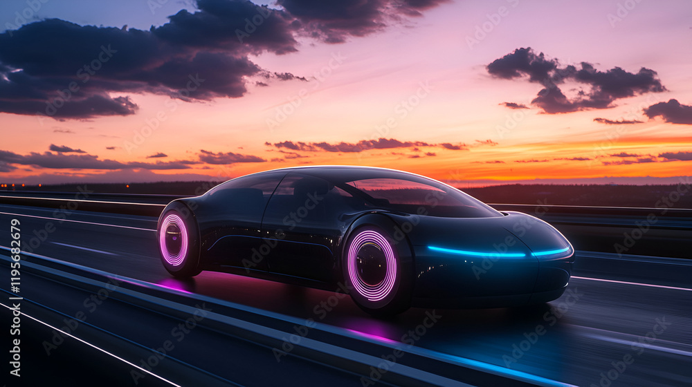 An AI-powered car driving autonomously on a scenic highway An AI-powered car driving autonomously on a scenic highway