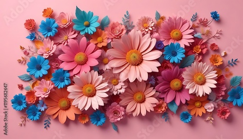 Colorful bouquet of flowers is arranged on a pink background
