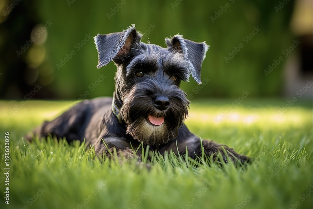 Black Miniature Schnauzer Relaxing on a Green Grass. Happy Dog with Cute Expression and Collar, Surrounded by Friends Black Miniature Schnauzer Relaxing on a Green Grass. Happy Dog with Cute Expression and Collar, Surrounded by Friends