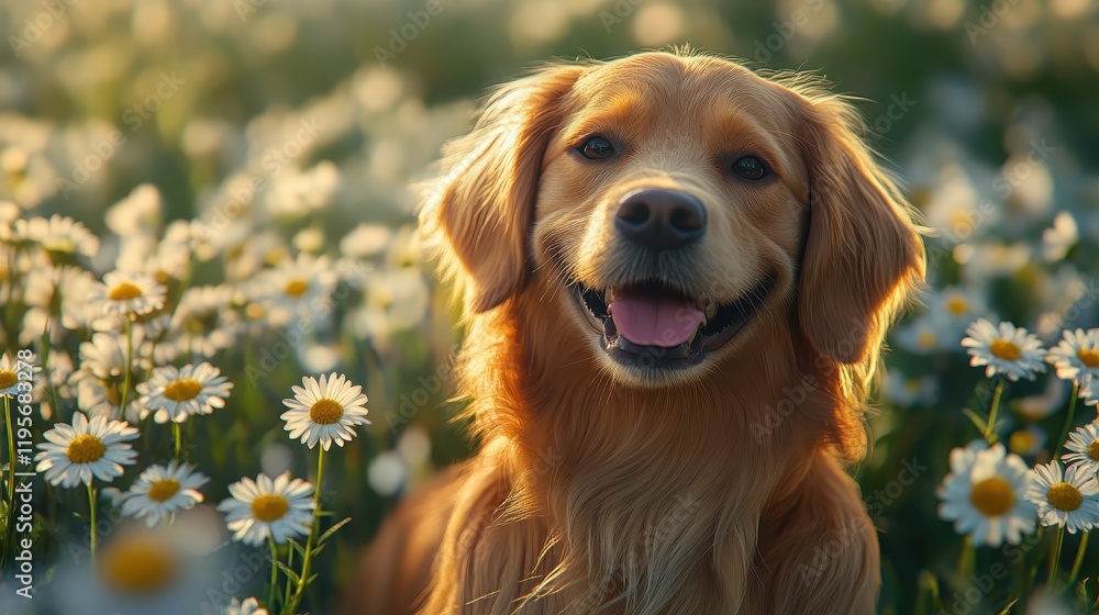 Happy golden retriever in a daisy field during sunset Happy golden retriever in a daisy field during sunset