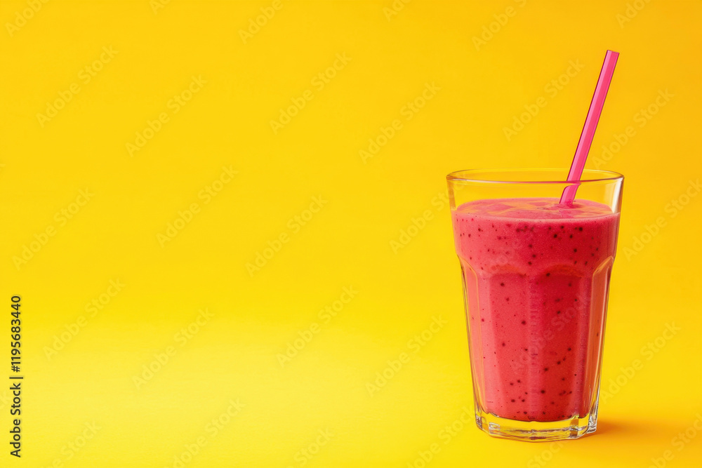 Pink smoothie for healthy eating. In a glass glass and with a straw. On a yellow background, with space for text Pink smoothie for healthy eating. In a glass glass and with a straw. On a yellow background, with space for text