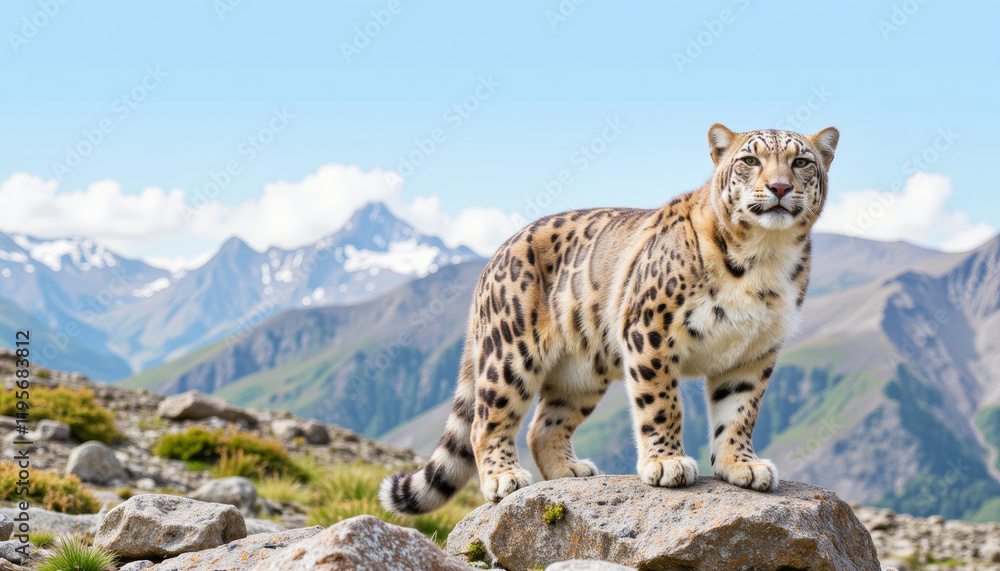 Snow leopard standing on rocks in mountainous terrain Snow leopard standing on rocks in mountainous terrain
