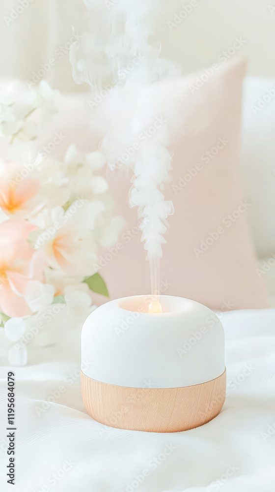 Close-up of a modern aroma diffuser emitting steam on a white bed with pastel tones and flowers in the background. Close-up of a modern aroma diffuser emitting steam on a white bed with pastel tones and flowers in the background.