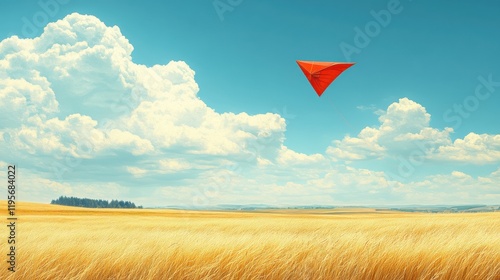 A Bright Orange Kite Soars Above a Golden Wheat Field Under a Clear Blue Sky with Fluffy Clouds in the Background, Capturing a Perfect Day for Flying