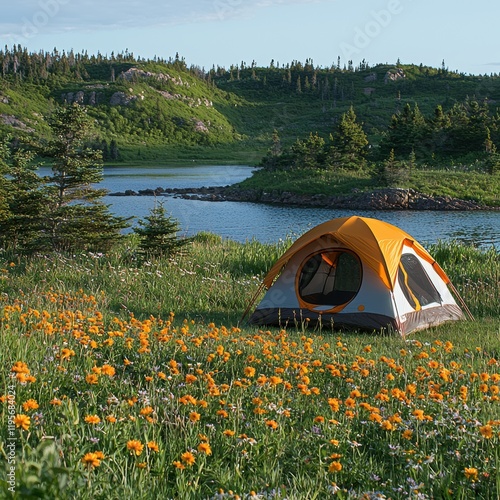 Wallpaper Mural Bright Orange Tent Amidst Scenic Green Landscape with Flowers Torontodigital.ca