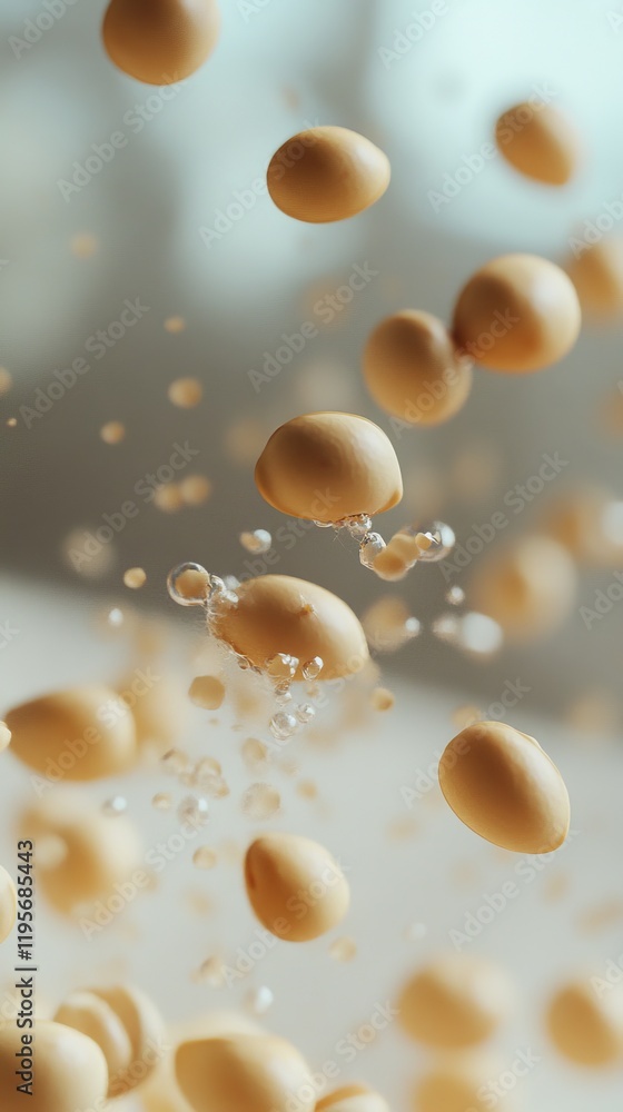 Soybeans falling in liquid, bubbles rising. Soybeans falling in liquid, bubbles rising.