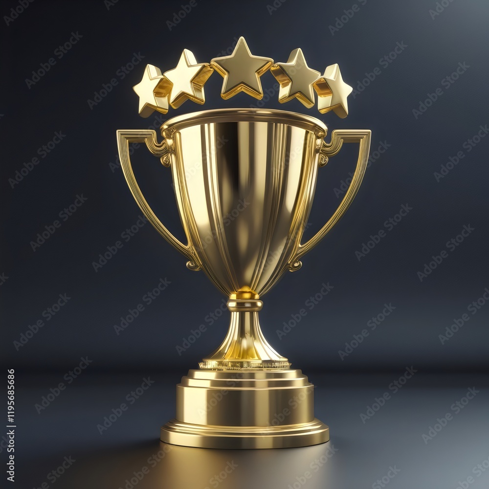 Shiny golden trophy with two handles and stars above it on a dark background, symbolizing achievement and excellence Shiny golden trophy with two handles and stars above it on a dark background, symbolizing achievement and excellence