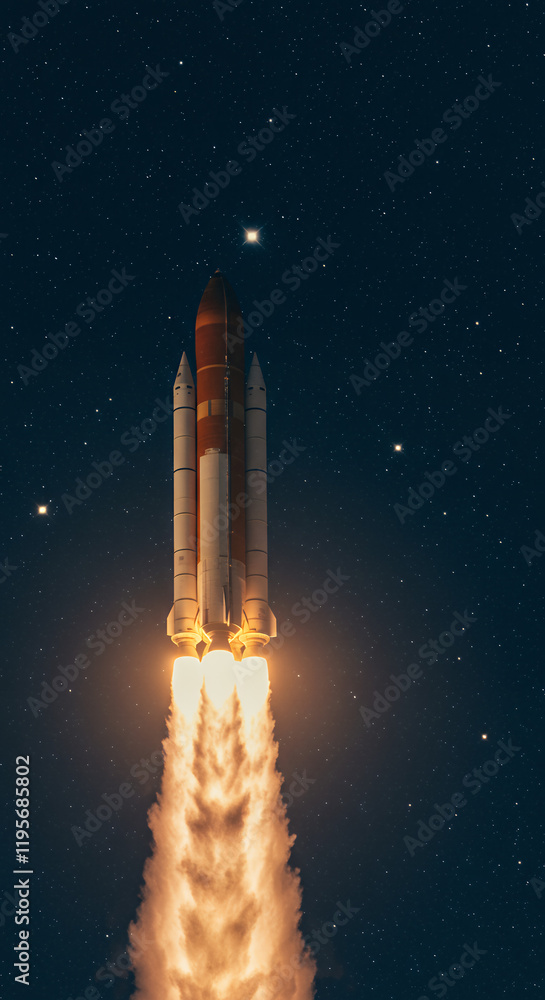 Fototapeta premium Rocket Launch at Night, Spacecraft Ascending into Starry Sky