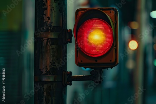 Red traffic light shining at an urban intersection at night, ensuring smooth traffic flow and safety photo