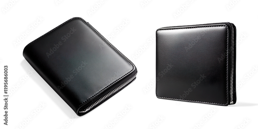 Sleek Black Leather Wallet with Zipper on a Transparent Background Sleek Black Leather Wallet with Zipper on a Transparent Background