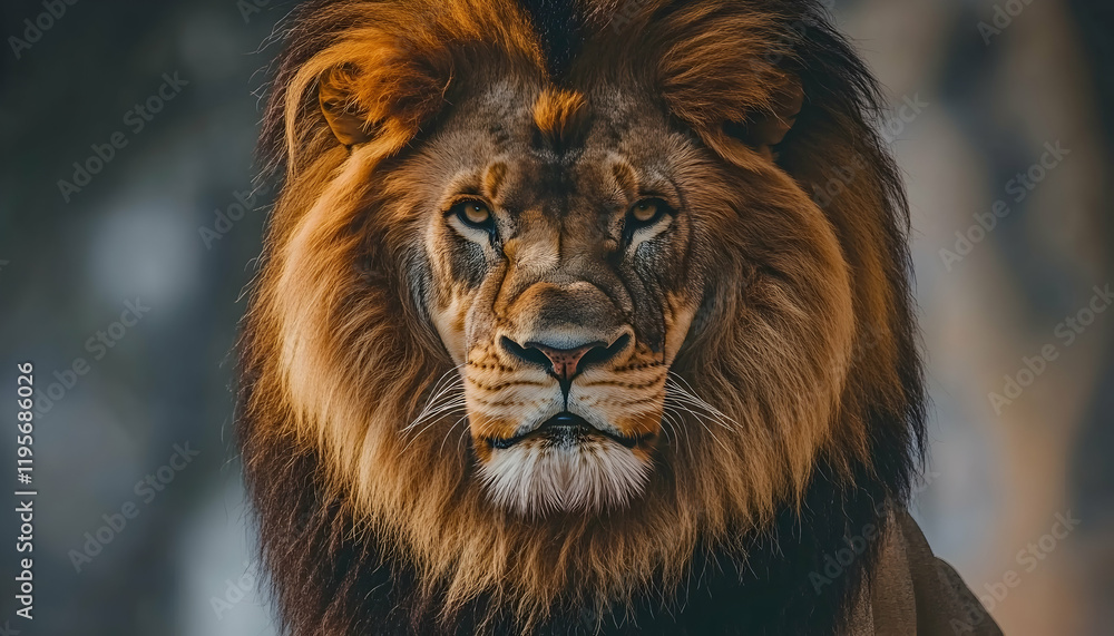 Fototapeta premium A majestic lion stands confidently, showcasing its regal mane and powerful presence in a stunning close-up; isolated on a transparent or white background