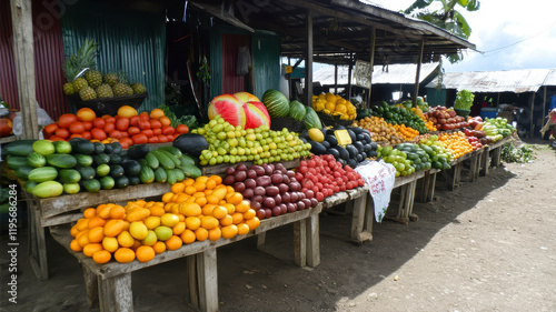 Vibrant Market Showcasing Fresh Fruits and Vegetables Under the Sunny Sky in a Lively Outdoor Setting