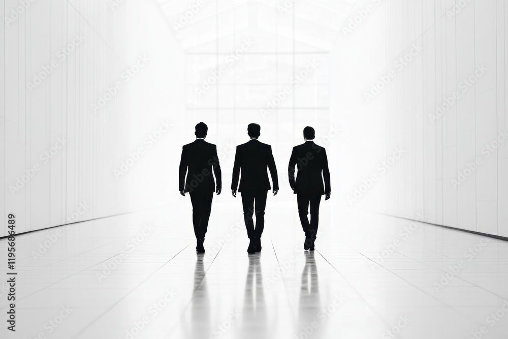 Fototapeta premium Three people in suits, walking towards the camera, with a blurred background, in a light gray tone and soft tones Generative AI