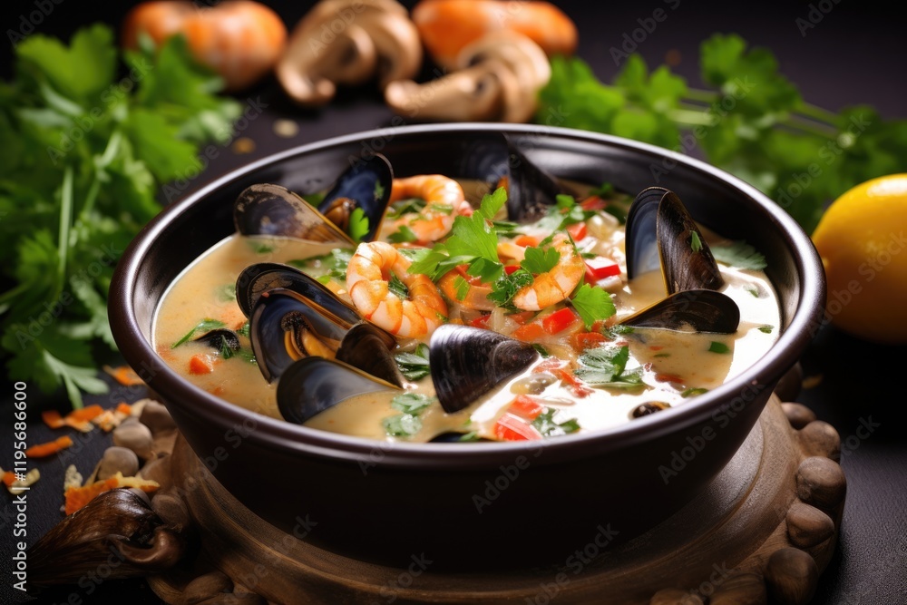 Indulge in a Bowl of Delicious Mediterranean Seafood Soup with Mussels and Prawns - a Closeup of the Creamy Cookery Indulge in a Bowl of Delicious Mediterranean Seafood Soup with Mussels and Prawns - a Closeup of the Creamy Cookery