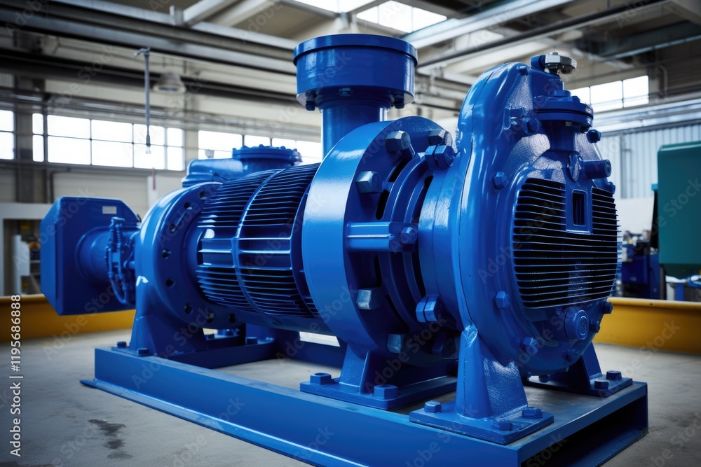 Industrial Pump in Blue. Engine Room Technology for Industrial Infrastructure and Installation in Indoor Factory Industry Industrial Pump in Blue. Engine Room Technology for Industrial Infrastructure and Installation in Indoor Factory Industry