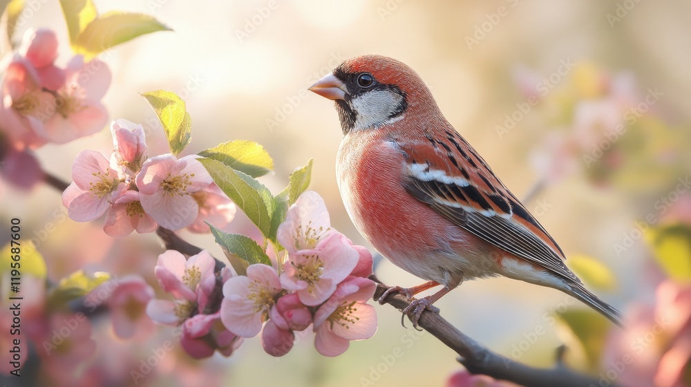 Fototapeta premium Vibrant sparrow perched on blossoming branch amid springtime bloom