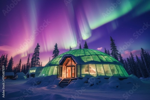 Illuminated glass igloo hotel in a snowy forest, under the magical spectacle of the aurora borealis in finnish lapland photo