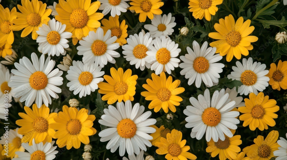 A top view of wild yellow and white flowers arranged in a natural frame, with ample copyspace. Perfect for banner/web/flyer/wallpaper/post/design A top view of wild yellow and white flowers arranged in a natural frame, with ample copyspace. Perfect for banner/web/flyer/wallpaper/post/design