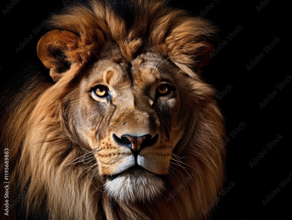 Naklejka premium Magnificent Male Lion: Isolated on Black Background with Powerful Portrait of the Majestic Endangered Predator