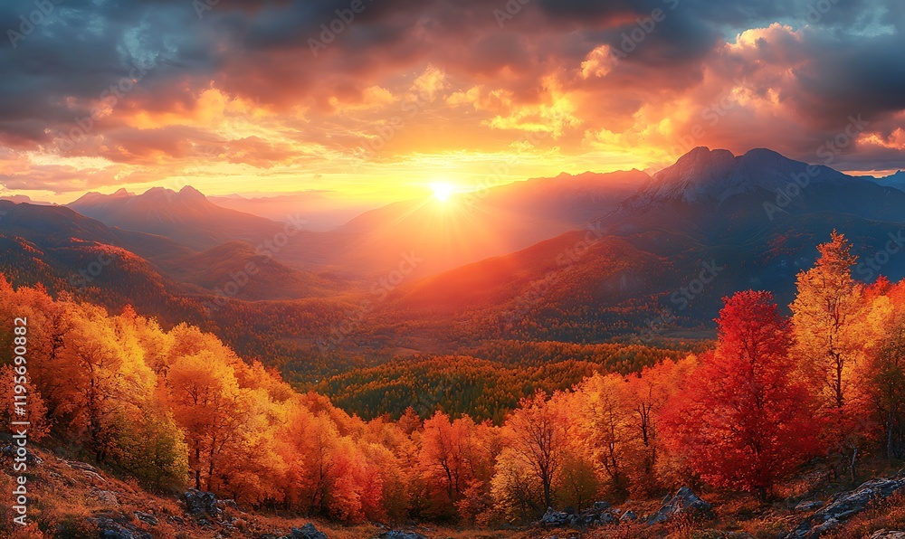 Fototapeta premium A panoramic view capturing the sunset over a mountain range in autumn