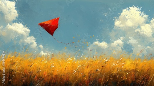 Vibrant Red Kite Flying Over Golden Field Under Blue Sky with Fluffy Clouds, Capturing the Essence of Childhood Joy and Outdoor Adventure in Nature's Splendor