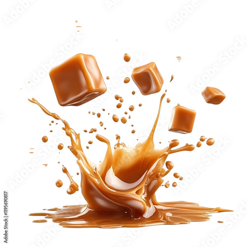 Sweet Caramel Candy Cubes Splashing Delightful Brown Liquid Background art food rich dark treat     