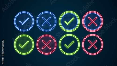 True or false icons set, bright neon visuals.