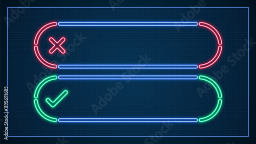 True or false text box, empty frames layout, bright neon visuals.