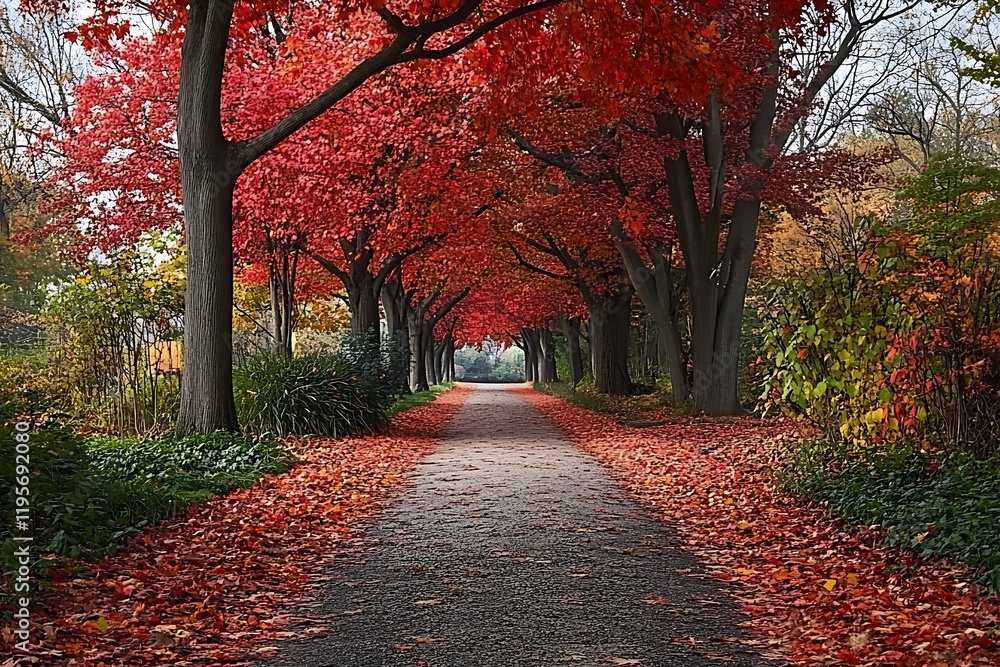 Fototapeta premium Enchanting Autumn Pathway with Vibrant Red Foliage and Majestic Trees Lining a Serene, Leaf-Covered Walkway. The road during autumn season