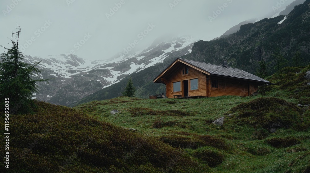 Wooden chalet offers outdoor dining in a lush alpine meadow with stunning mountain views and bright blue skies overhead Wooden chalet offers outdoor dining in a lush alpine meadow with stunning mountain views and bright blue skies overhead