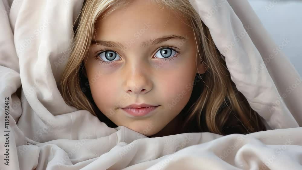 Blonde girl awakening wrapped in blanket: peaceful morning mood Blonde girl awakening wrapped in blanket: peaceful morning mood