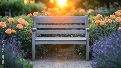Fototapeta Naklejka Na Ścianę i Meble -  Sunset garden bench surrounded by roses and lavender.