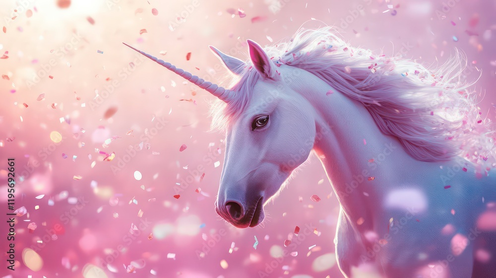 agical unicorn portrait radiating enchantment, surrounded by subtle confetti. The scene captures a dreamy, whimsical atmosphere, perfect for celebrating fantasy and wonder with a touch of elegance. agical unicorn portrait radiating enchantment, surrounded by subtle confetti. The scene captures a dreamy, whimsical atmosphere, perfect for celebrating fantasy and wonder with a touch of elegance.
