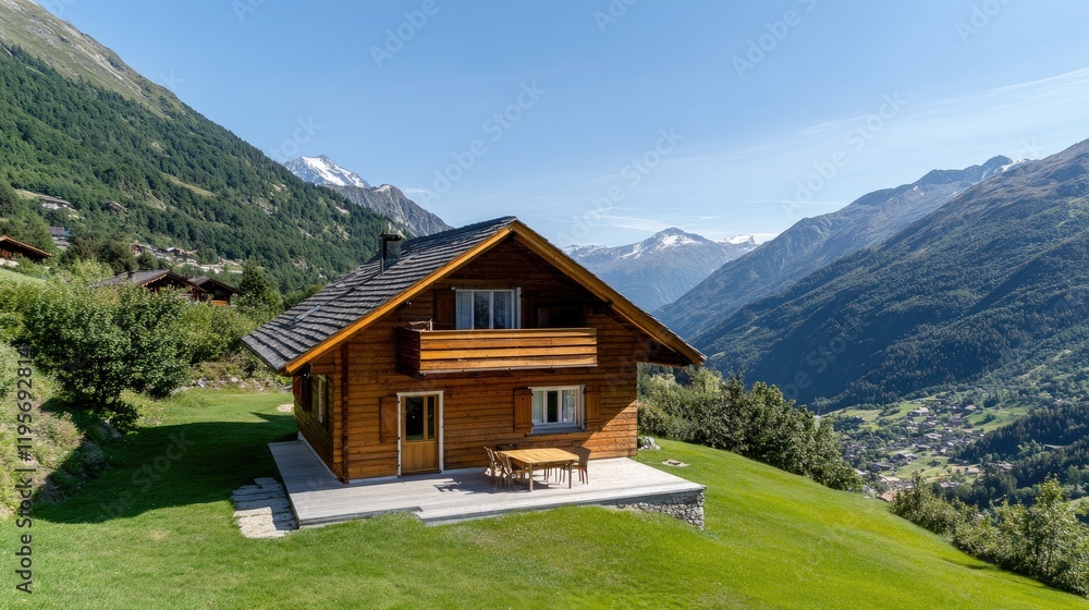 Wooden chalet offers outdoor dining in a lush alpine meadow with stunning mountain views and bright blue skies overhead. Wooden chalet offers outdoor dining in a lush alpine meadow with stunning mountain views and bright blue skies overhead.