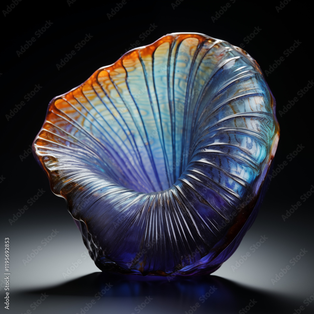 Iridescent Glass Shell Sculpture on a Dark Background Iridescent Glass Shell Sculpture on a Dark Background