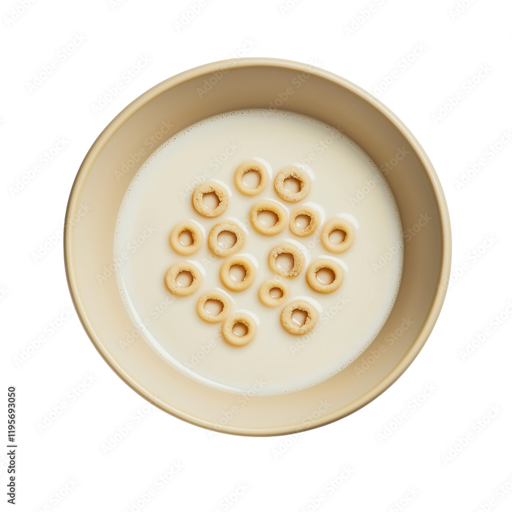 A bowl of milk and cereal rings on a transparent background, png A bowl of milk and cereal rings on a transparent background, png