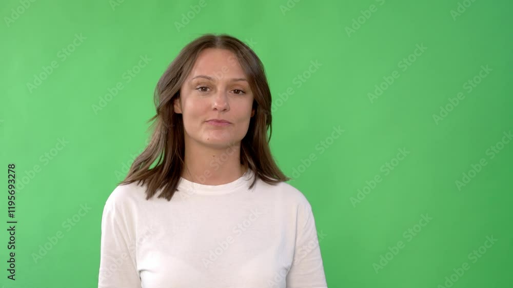 Smiling woman in a white shirt poses cheerfully against a green background Smiling woman in a white shirt poses cheerfully against a green background