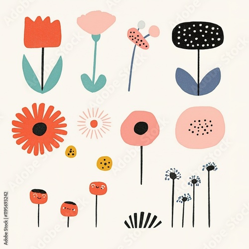 A colorful, whimsical arrangement of various flowers and plants depicted in a playful, modern illustration style.