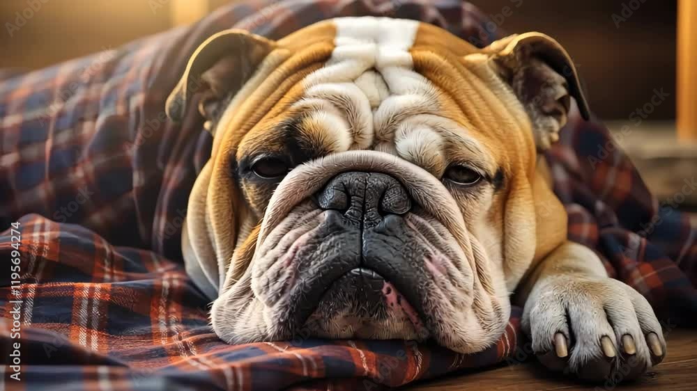 Bulldog relaxing on plaid blanket: cozy comfort and canine charm Bulldog relaxing on plaid blanket: cozy comfort and canine charm