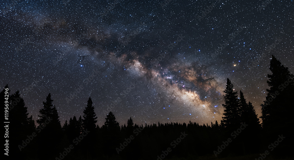 Fototapeta premium Majestic Milky Way Galaxy Over Silhouetted Pine Forest at Night